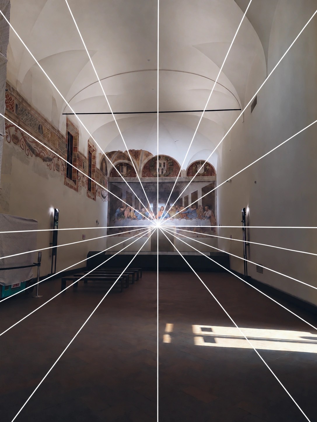 The real refectory containing The Last Supper, showing the continuation of perspective and vanishing relationships into physical space