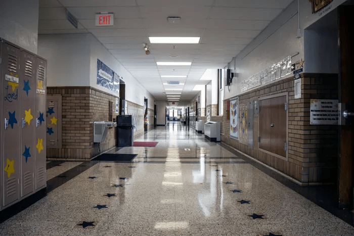 Empty school hallway in the morning before students arrive