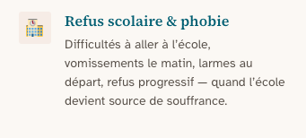 Refus scolaire & phobie : Difficultés à aller à l’école, vomissements le matin, larmes au départ, refus progressif - quand l’école devient source de souffrance.