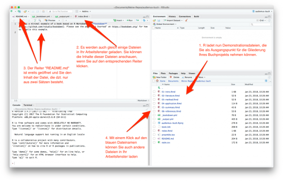 screenshot: RStudio ladet bookdown-Dateien in das Projekt
