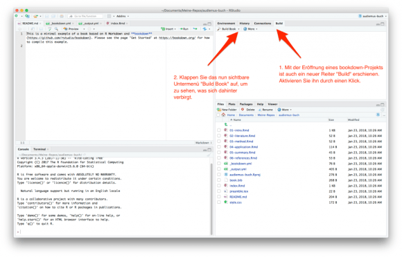 screenshot: Build-Reiter auswählen und Menü "Build Book" inspizieren