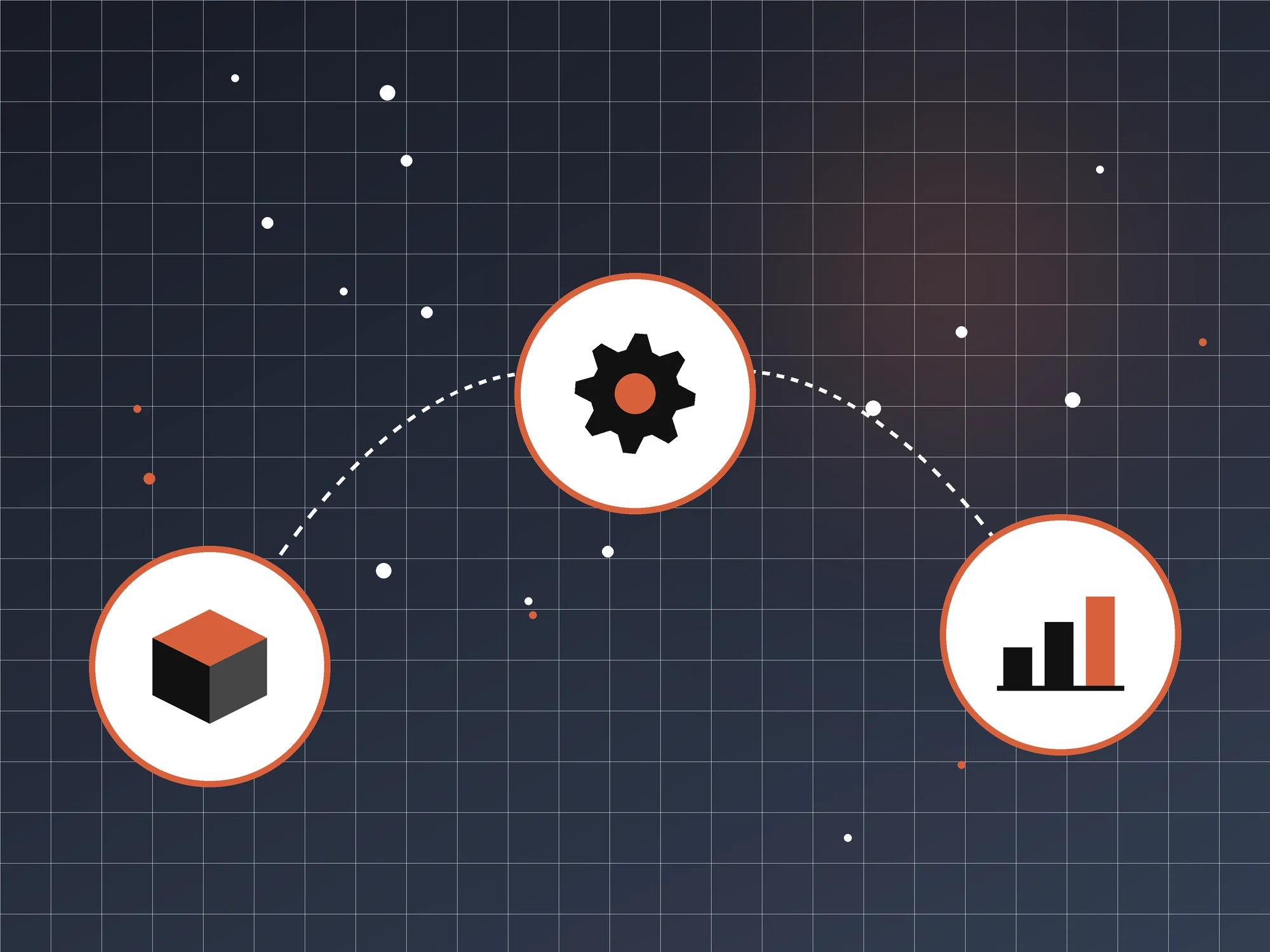 Illustration of a path linking supply chain, operations and data, shown as a box, a gear and a bar chart