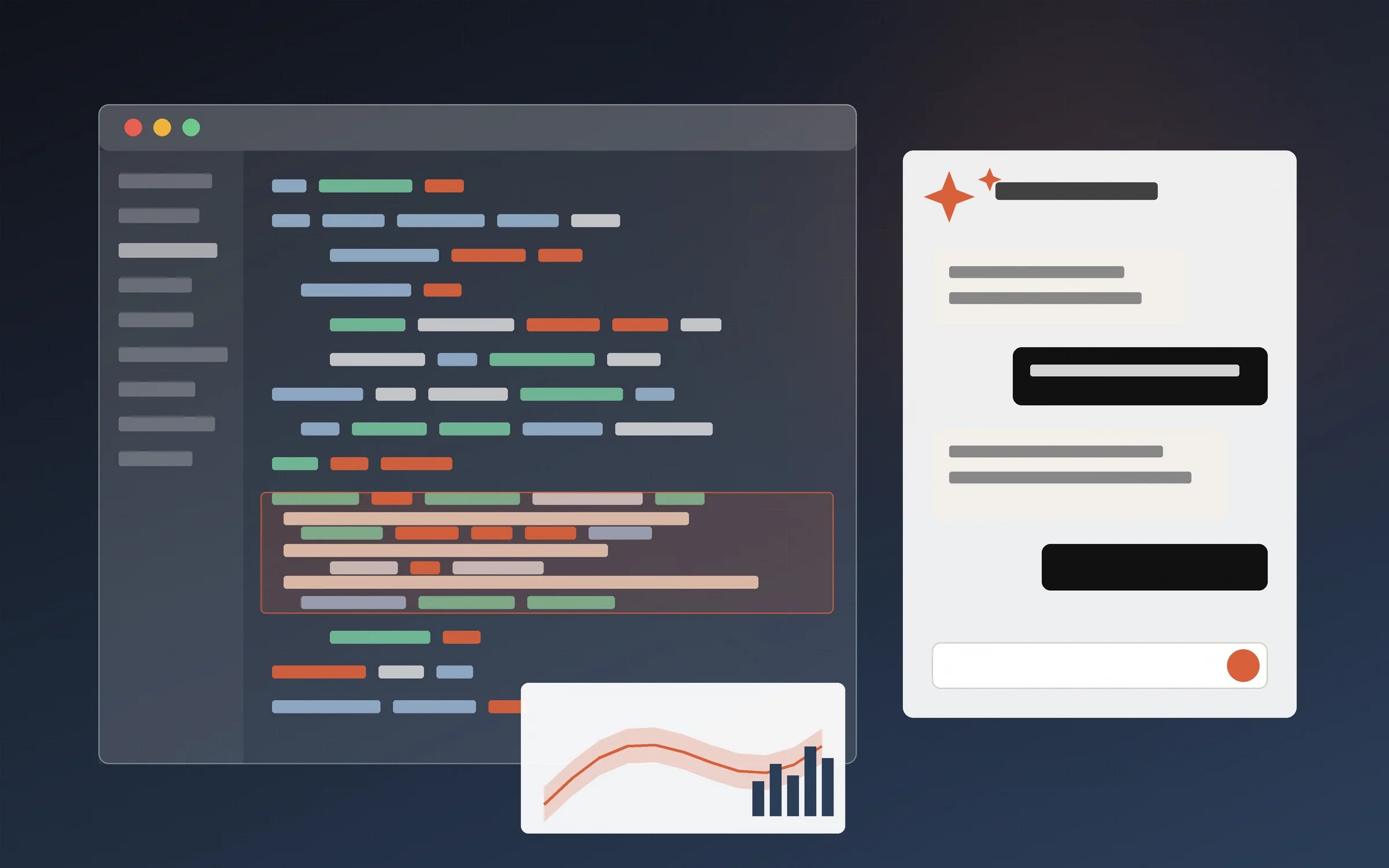 Illustration of AI-assisted software development: a code editor with an AI assistant chat panel suggesting code for a supply chain forecasting program