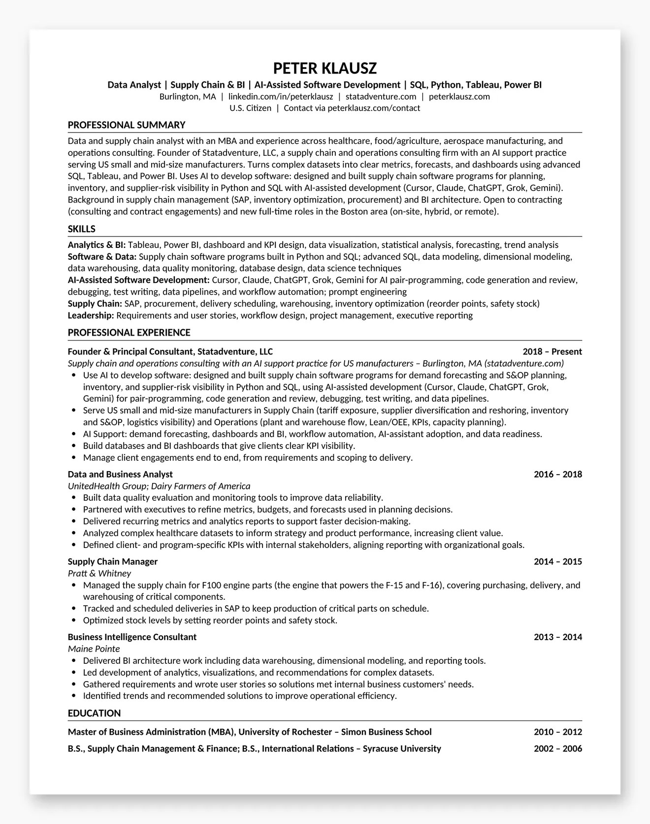 Preview of Peter Klausz's one-page resume; select to open the PDF