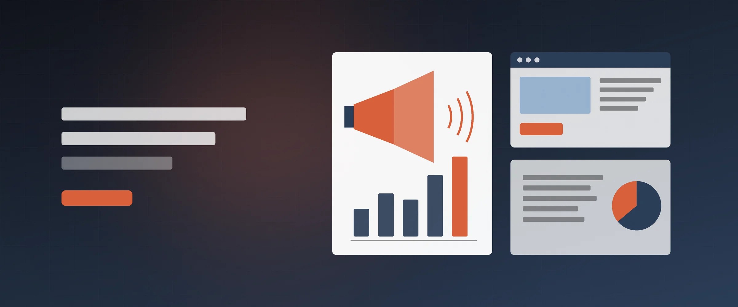 Illustration of three service cards: a megaphone with a rising bar chart for marketing, a website layout, and a business plan with a pie chart