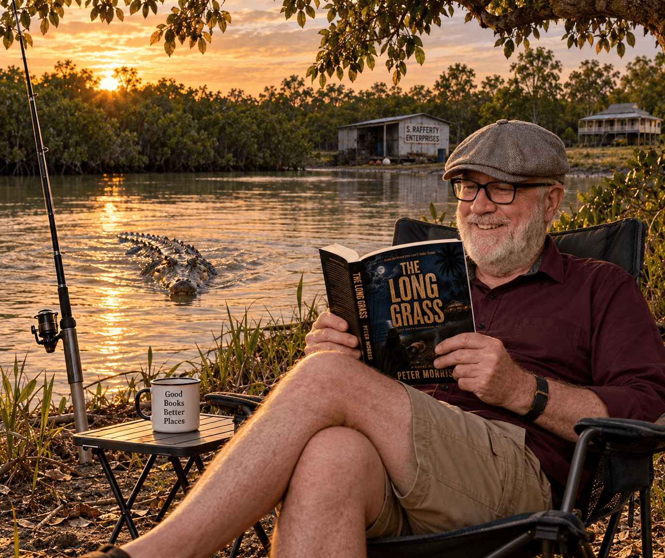 Peter Morris reading The Long Grass beside a Far North Queensland river while a crocodile approaches through the water