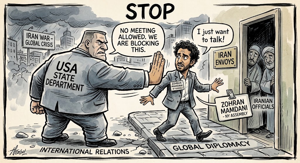 Cartoon of a State Department figure blocking a man labeled Zohran Mamdani from a meeting with Iranian envoys