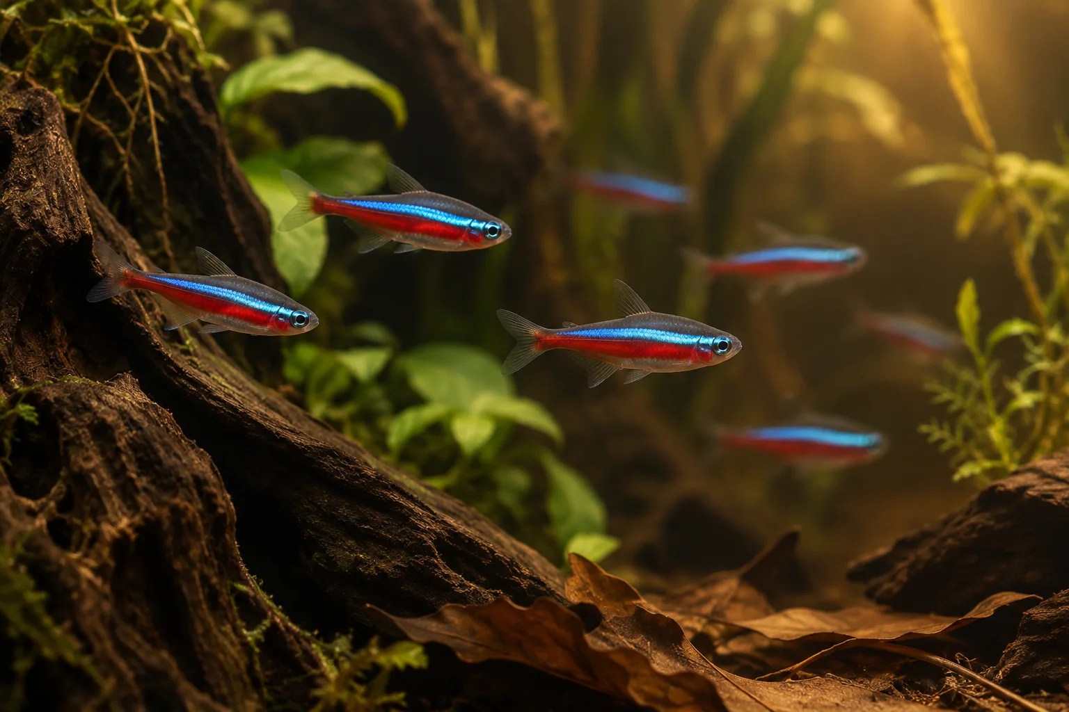A small school of cardinal tetras swimming in a dark freshwater aquarium.