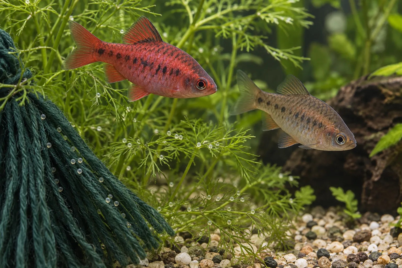 A rosy male barb and a muted female near aquatic plants with scattered eggs.