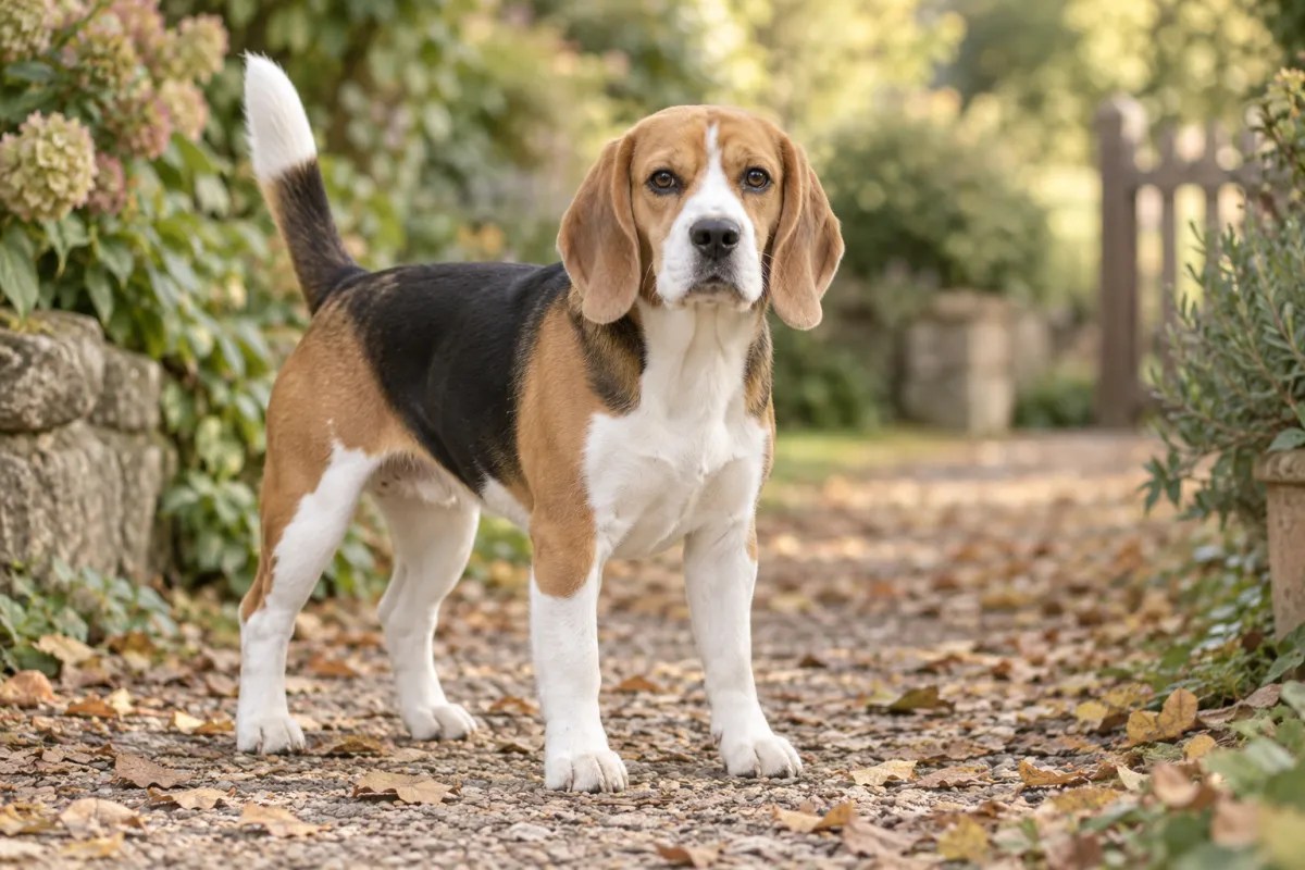 A tricolor Beagle standing on a leafy garden path.