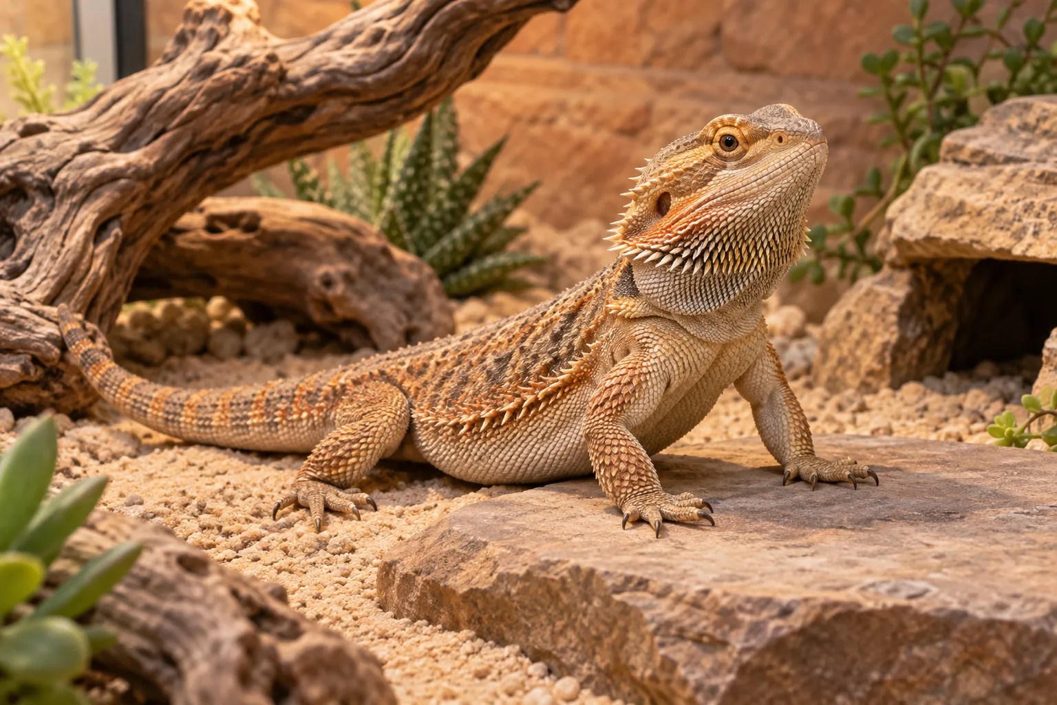 A tan Central Bearded Dragon resting calmly on a basking rock in a terrarium.