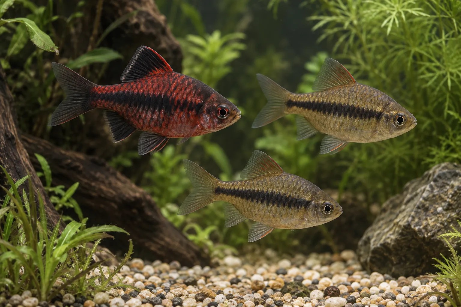 A ruby-red male Black Ruby Barb with subdued females in a planted aquarium.