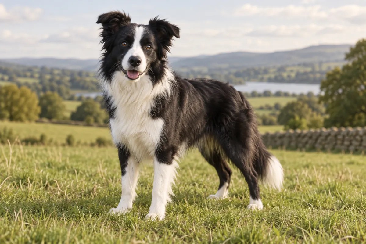 A black-and-white Border Collie standing in a green field.