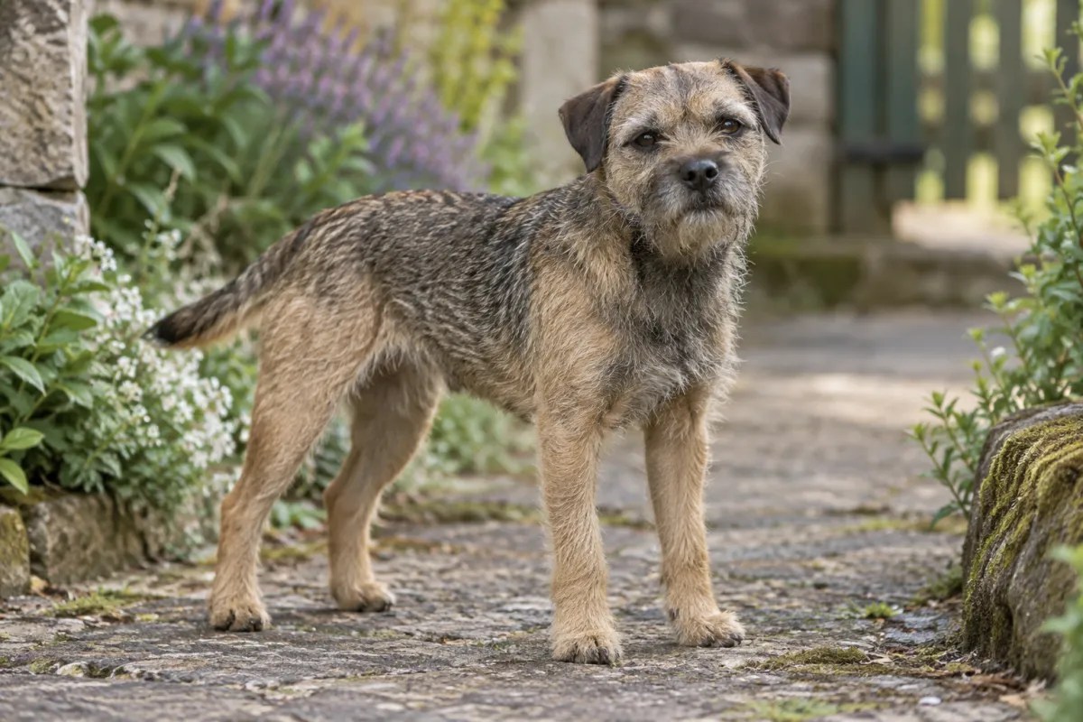 A grizzle-and-tan Border Terrier with a wiry coat.