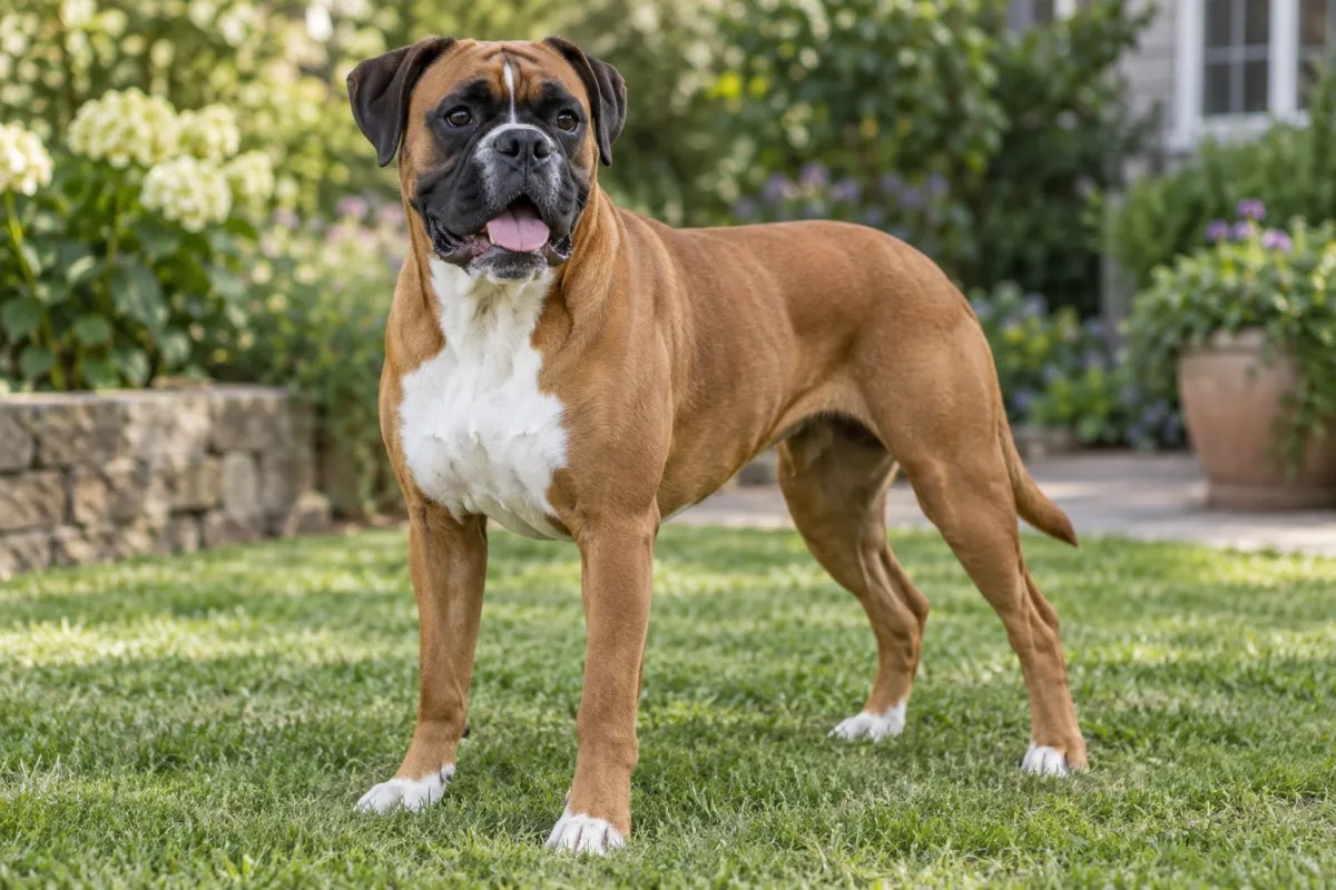 A fawn Boxer with a black mask standing in a garden.