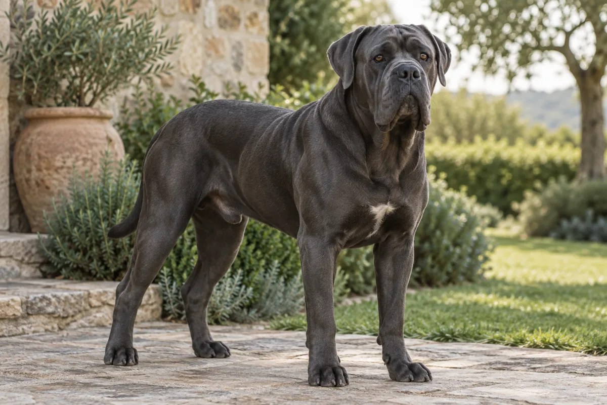 A charcoal Cane Corso standing calmly in a garden.
