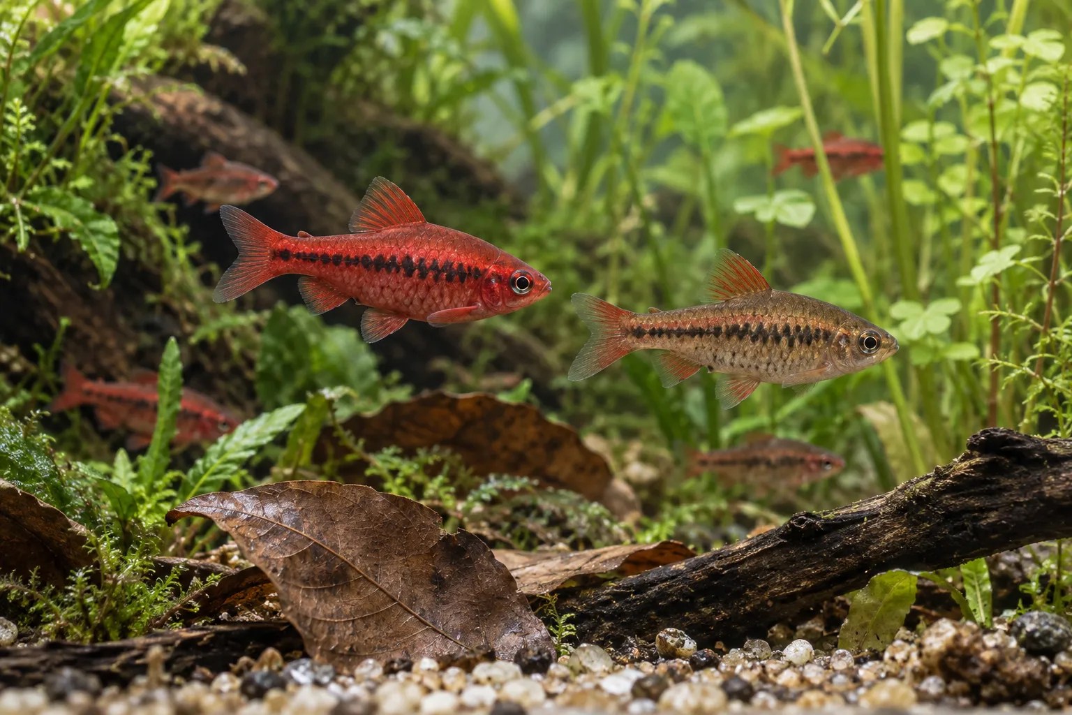 A bright red male and subdued female Cherry Barb among aquatic plants.
