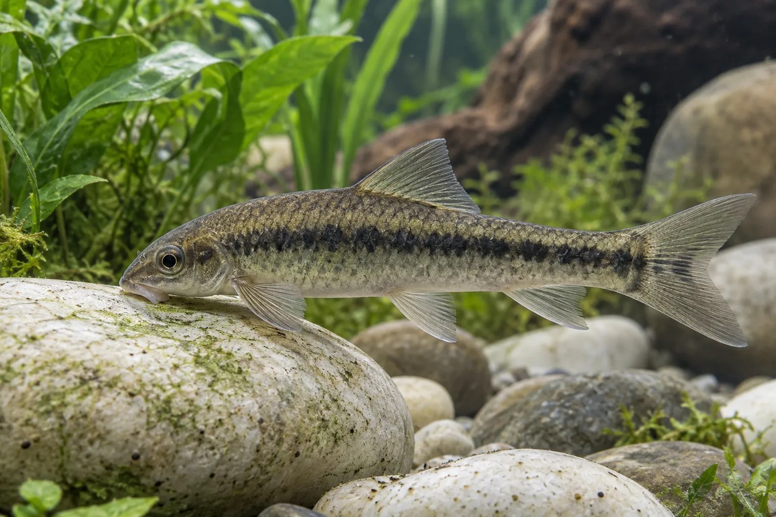 A gray-olive Chinese Algae Eater resting near smooth aquarium stones.
