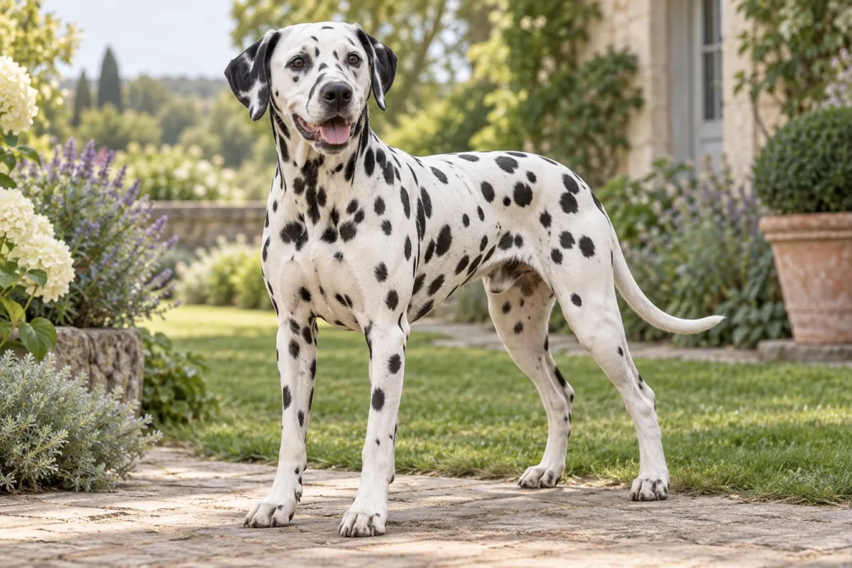 A Dalmatian with black spots standing in a garden.