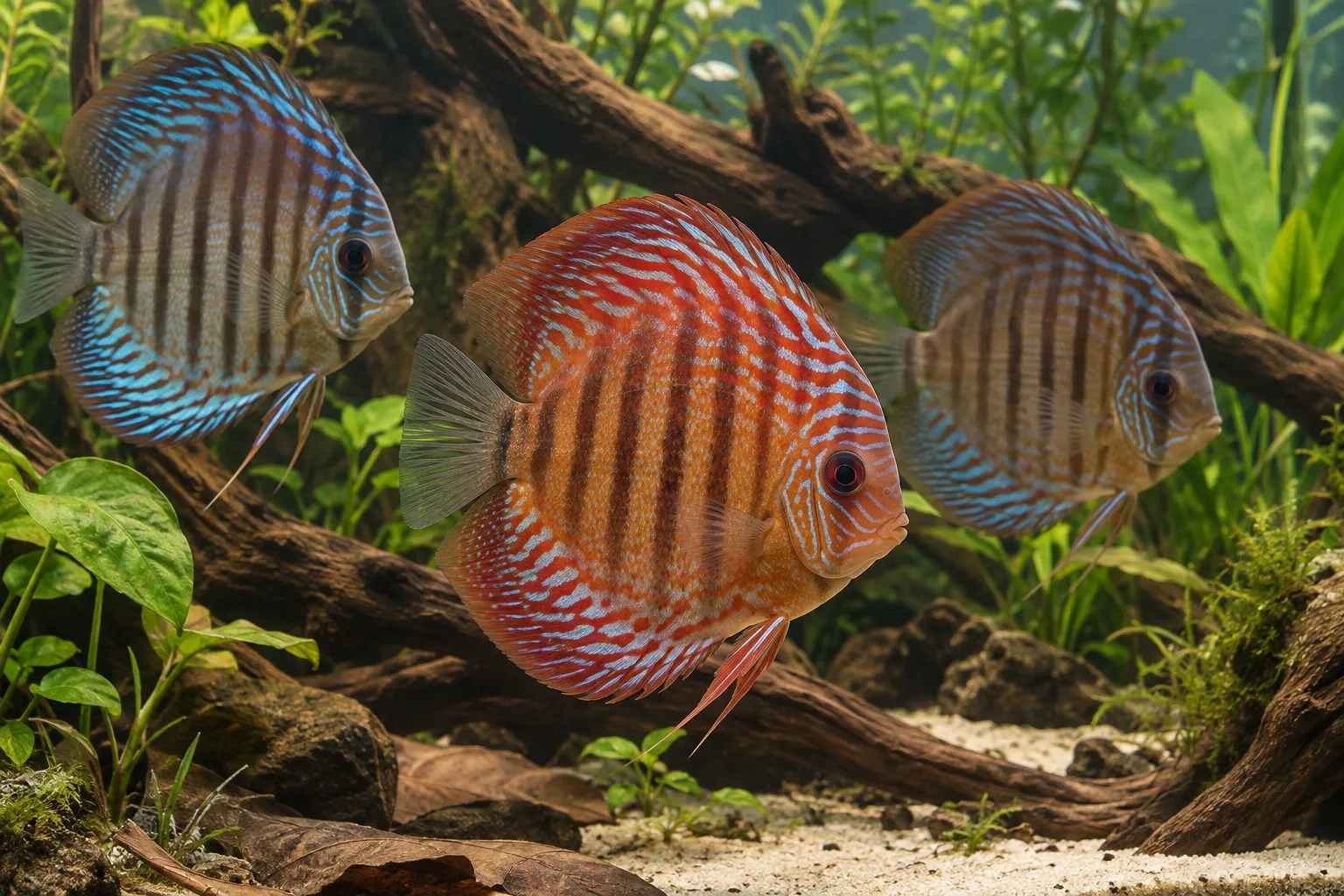 Three round Discus fish swimming in a planted freshwater aquarium.