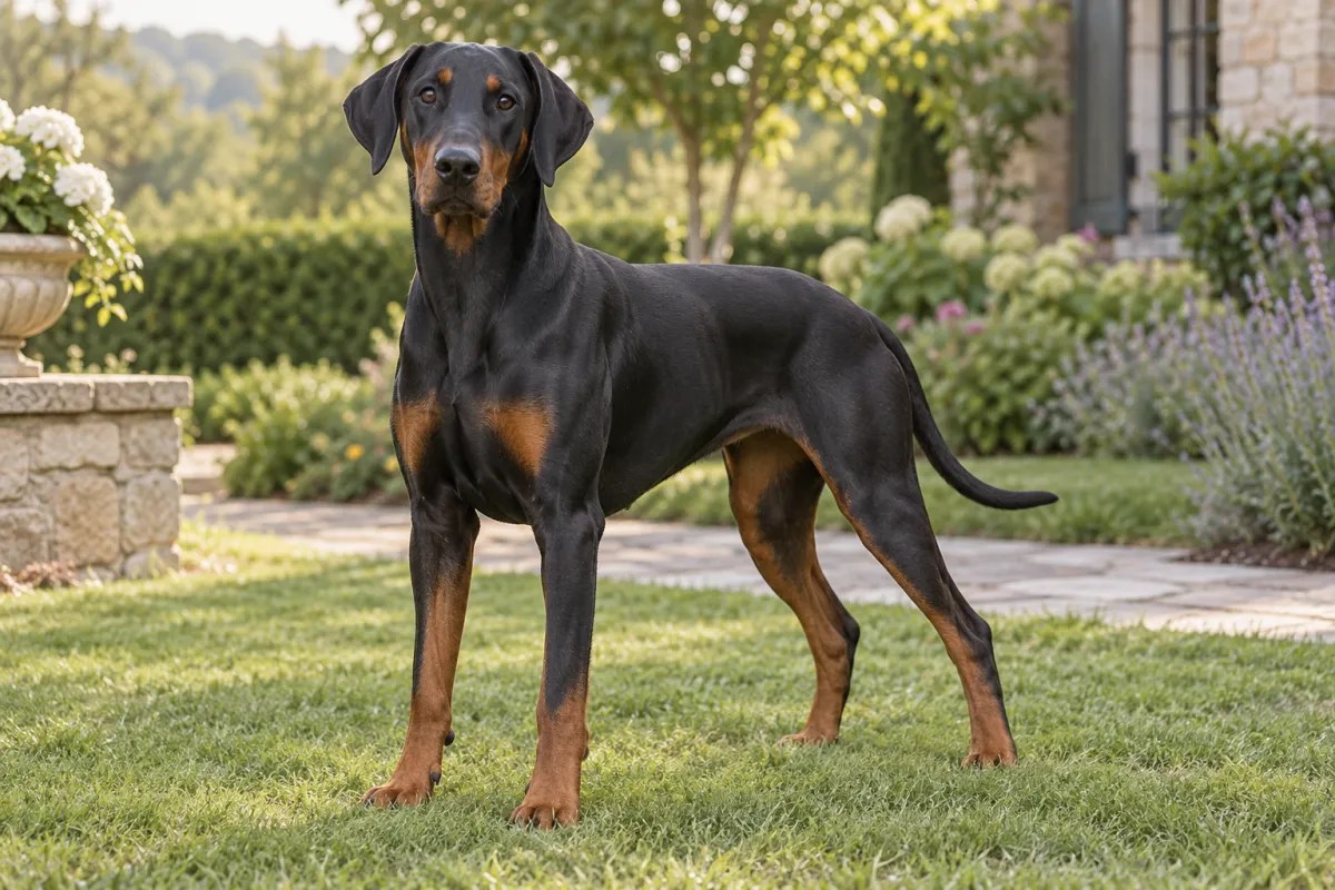 A black-and-rust Doberman Pinscher standing in a garden.