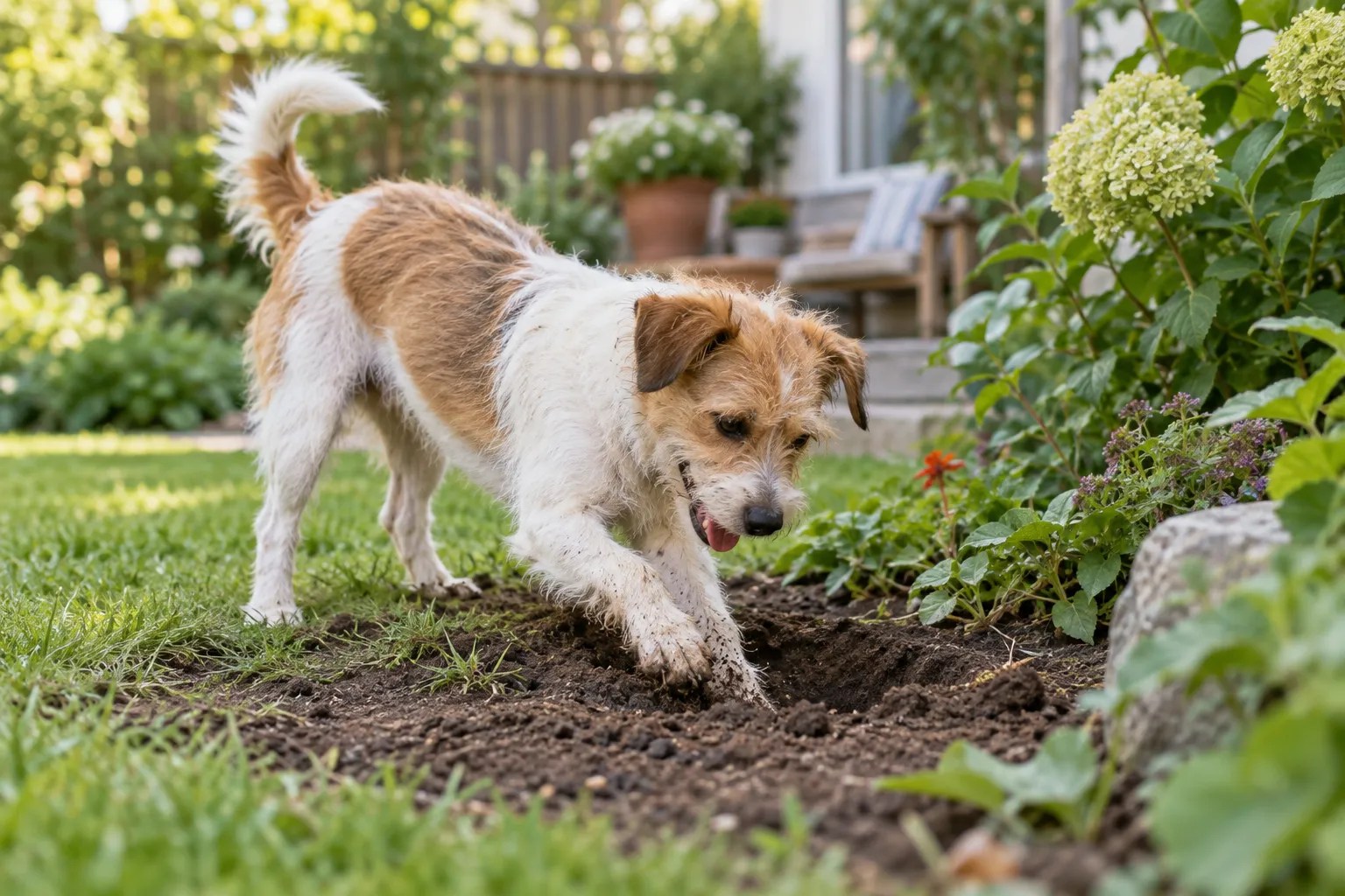 A dog digging in a garden bed surrounded by green plants.