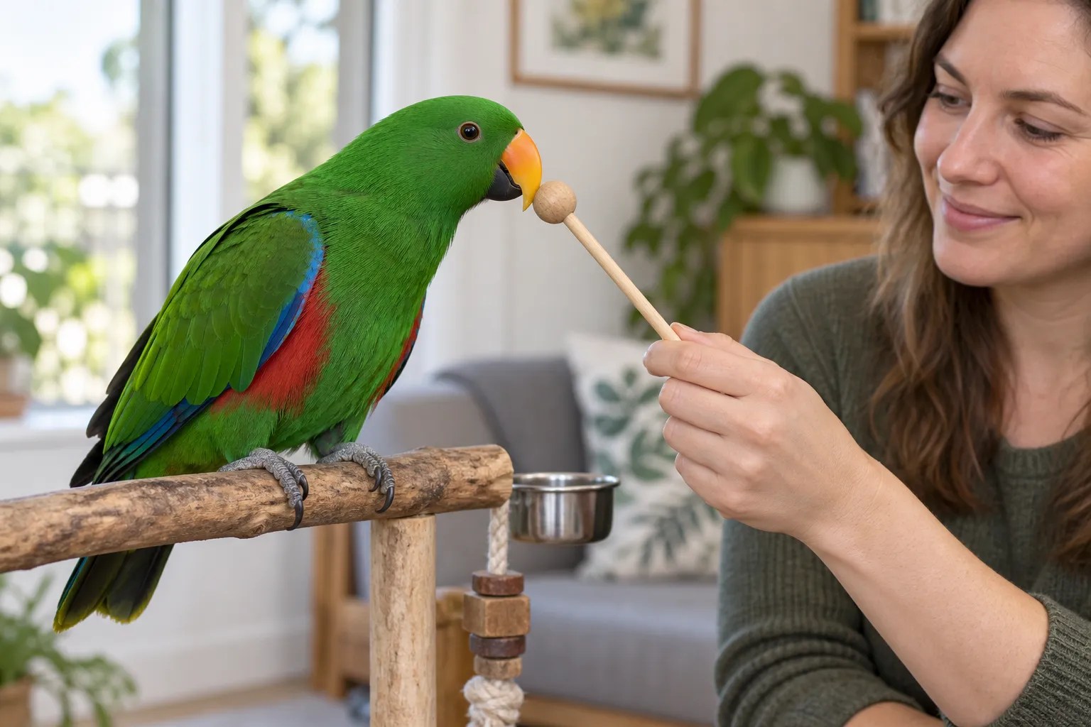 A green male Eclectus parrot touching a wooden target stick during calm training.