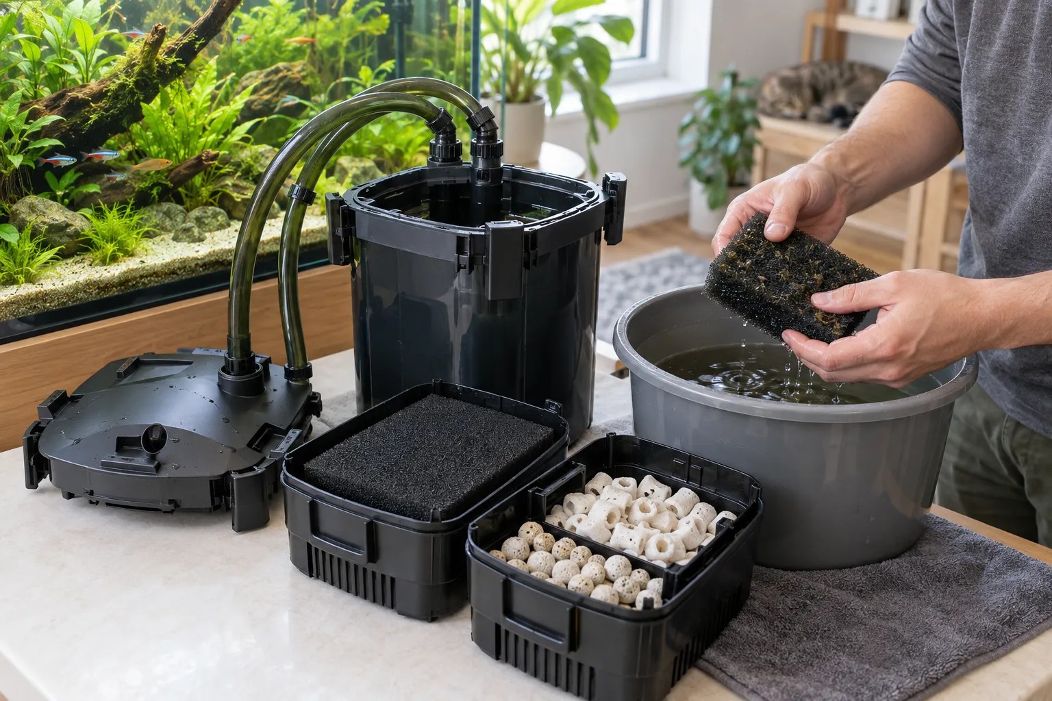 An open external aquarium canister filter and media beside a freshwater tank during careful maintenance.