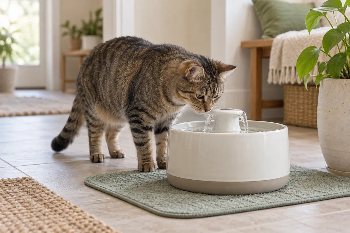 A tabby cat investigating a ceramic water fountain.