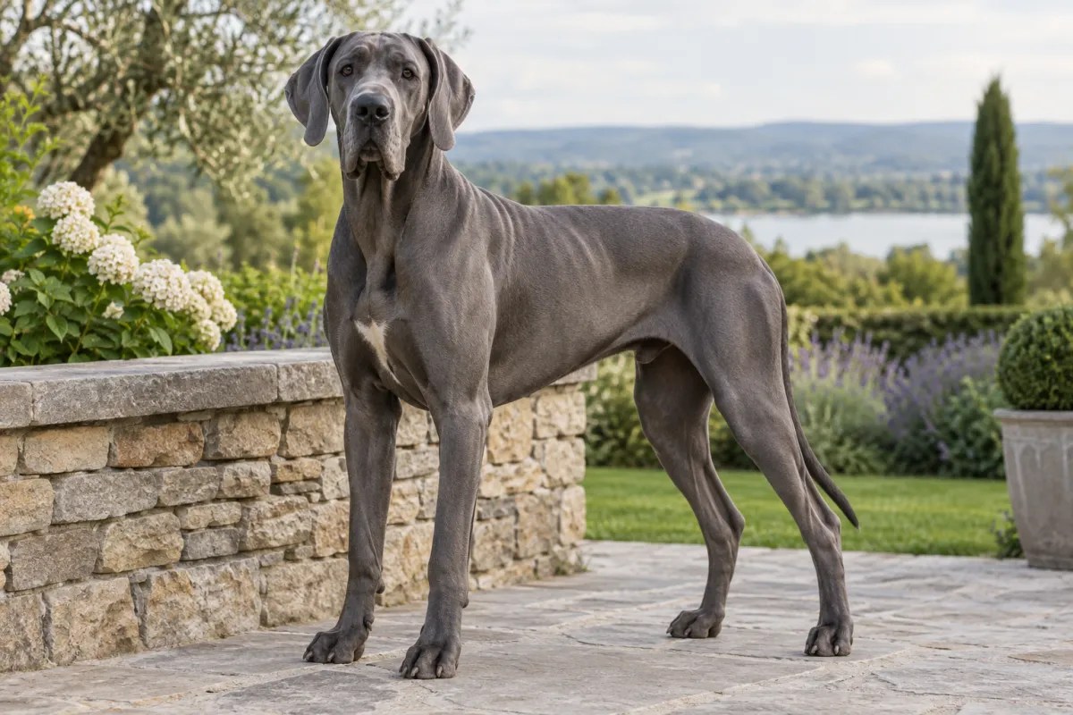 A tall blue-gray Great Dane standing beside a low garden wall.