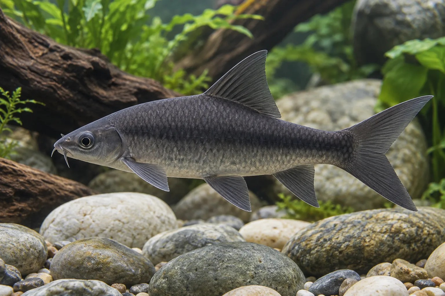 A dark, streamlined Labeo-type aquarium fish above pale river stones.