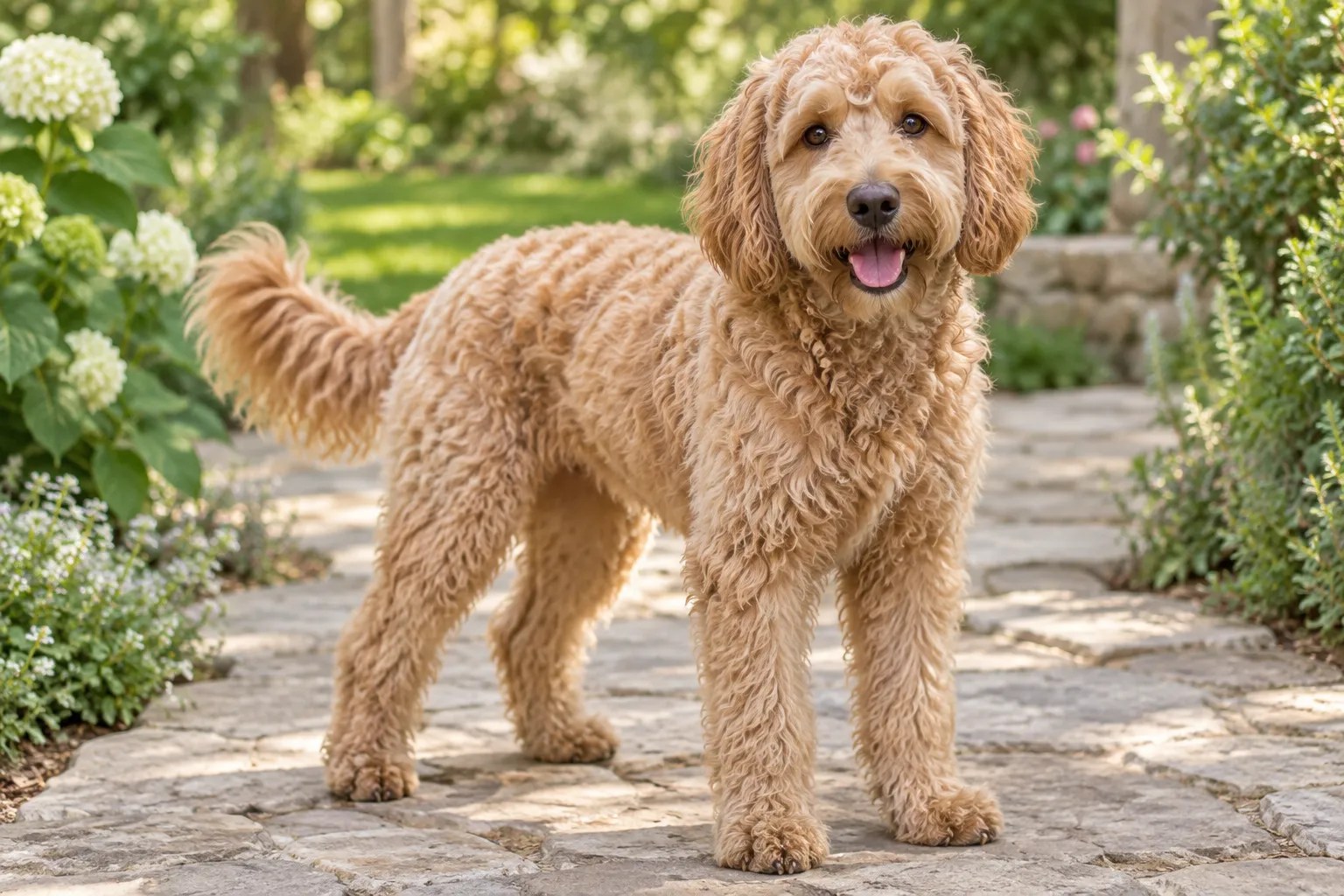 An apricot Labradoodle with a wavy coat standing in a garden.