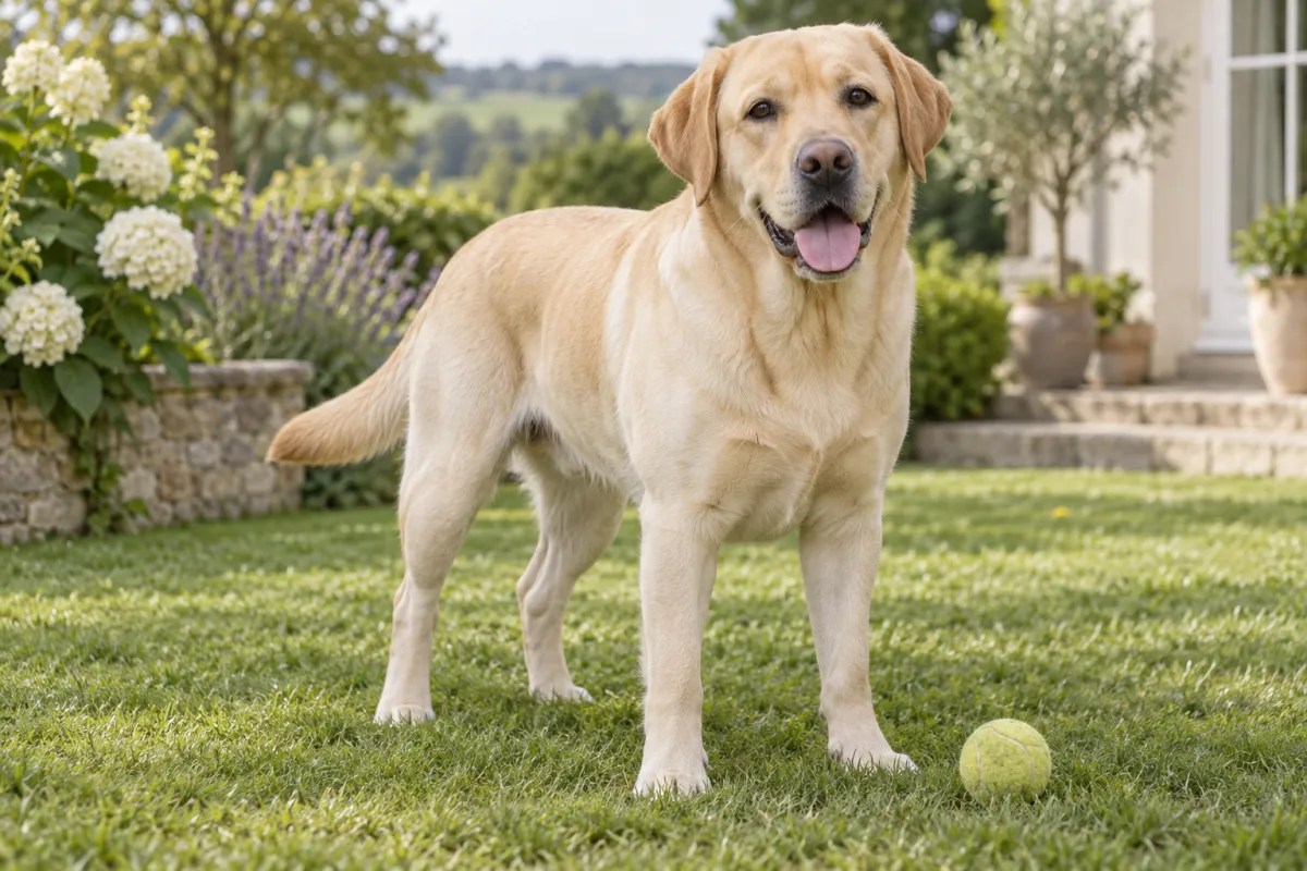 A yellow Labrador Retriever standing in a garden beside a tennis ball.