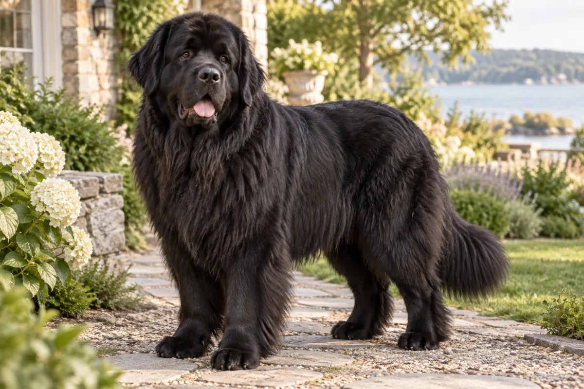A large black Newfoundland standing in a garden.