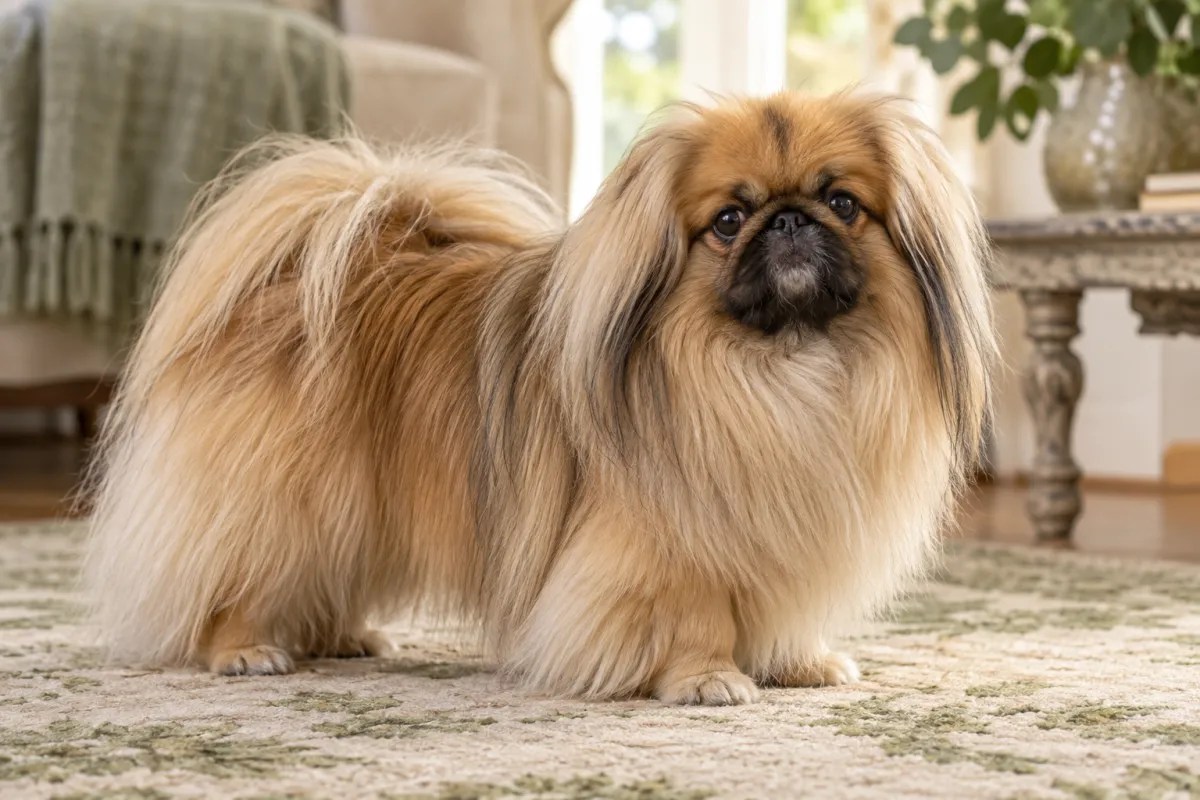 A golden Pekingese with a long coat and broad flat face.
