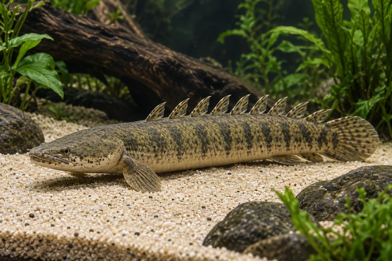 A Senegal bichir with a row of small dorsal finlets above aquarium sand.