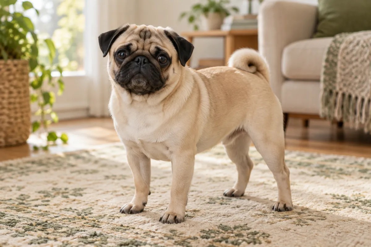 A fawn Pug with a black mask standing on a cream rug.