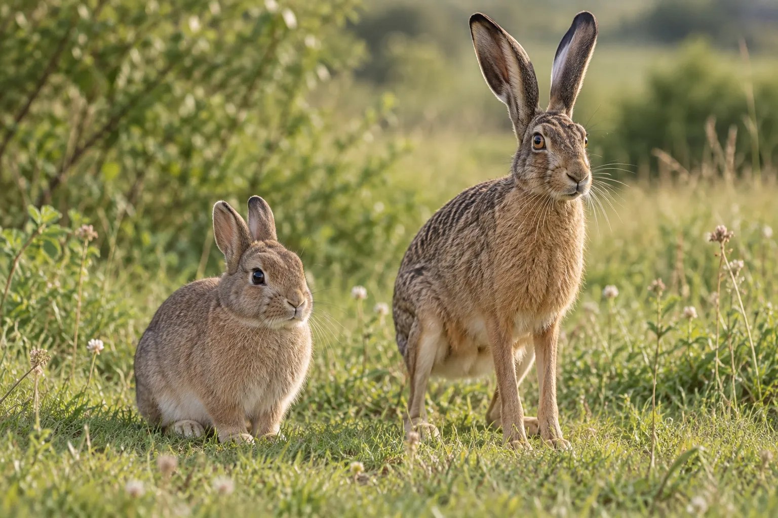 A domestic rabbit and a long-eared hare sitting in a grassy meadow.