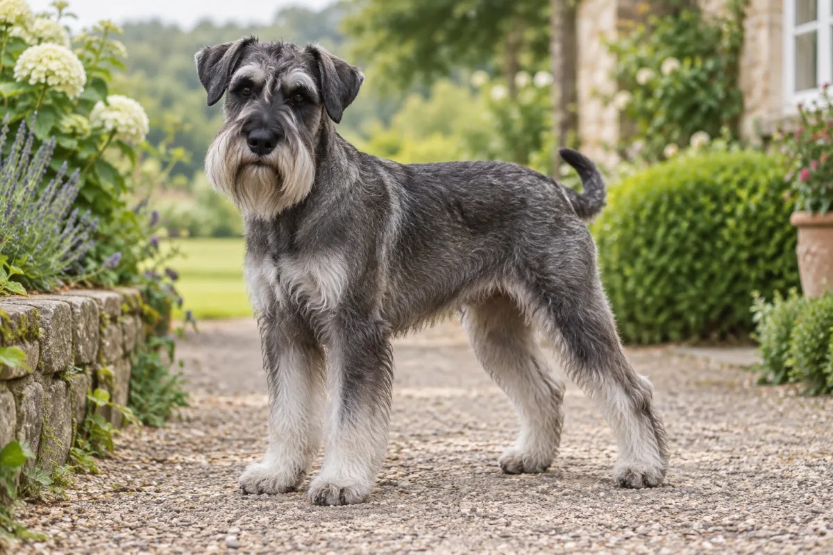 A salt-and-pepper Schnauzer standing on a garden path.