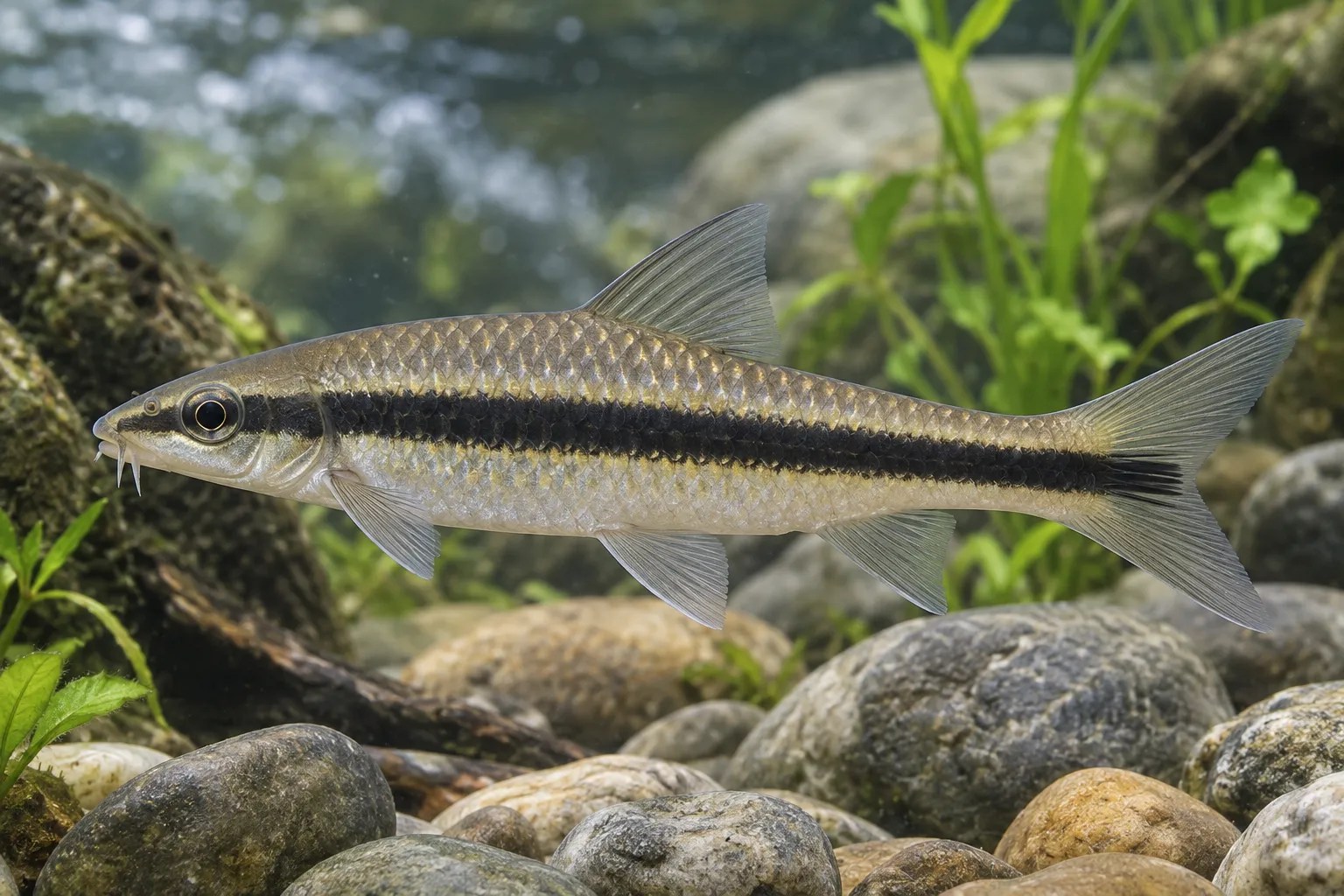 A streamlined Siamese Algae Eater with a dark stripe along its silver body.