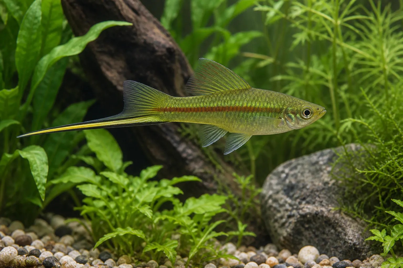 A male Green Swordtail with a long lower tail extension in a planted aquarium.