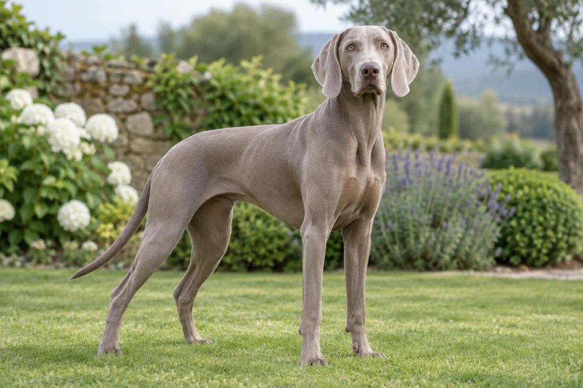 A silver-gray Weimaraner standing in a garden.