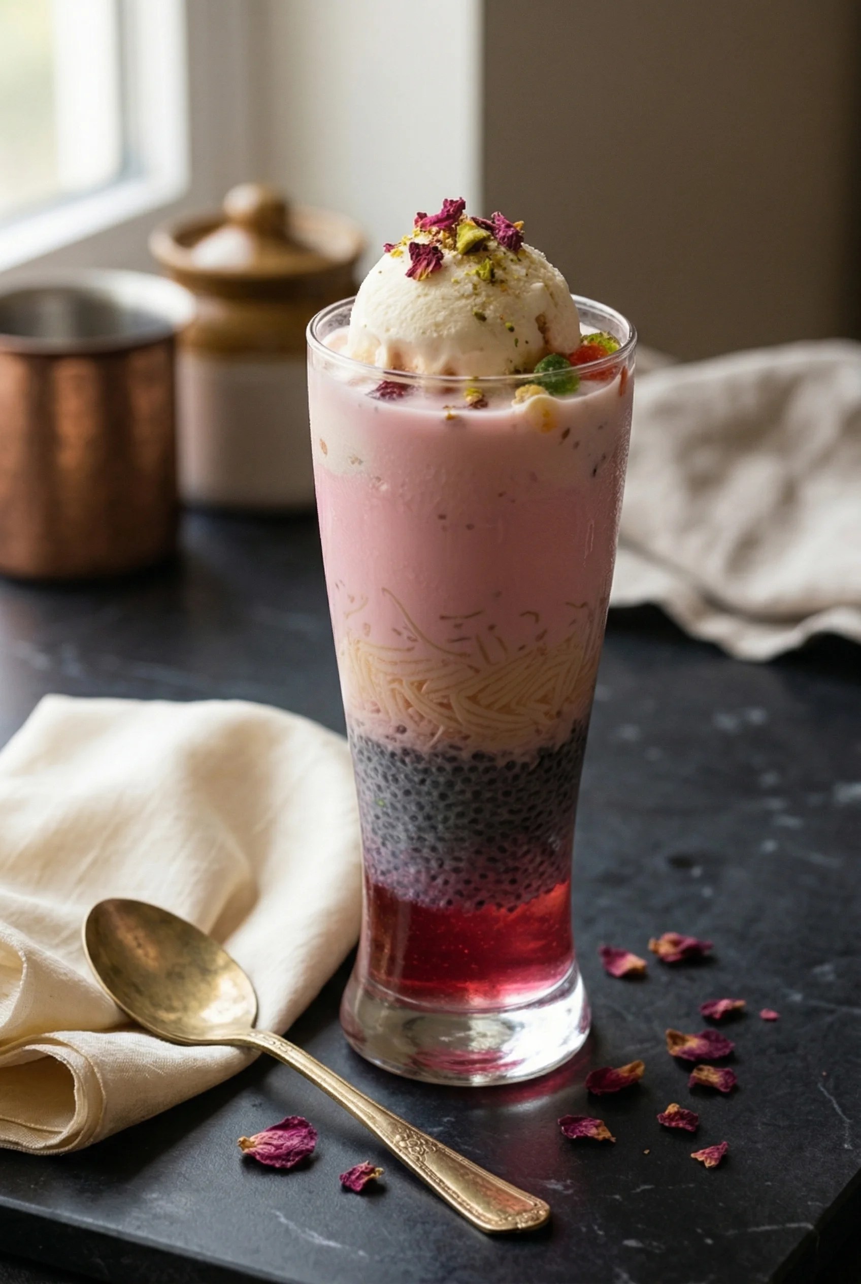 Rose falooda in a tall glass with visible pink layers, vanilla ice cream, rose petals and pistachios on a marble surface