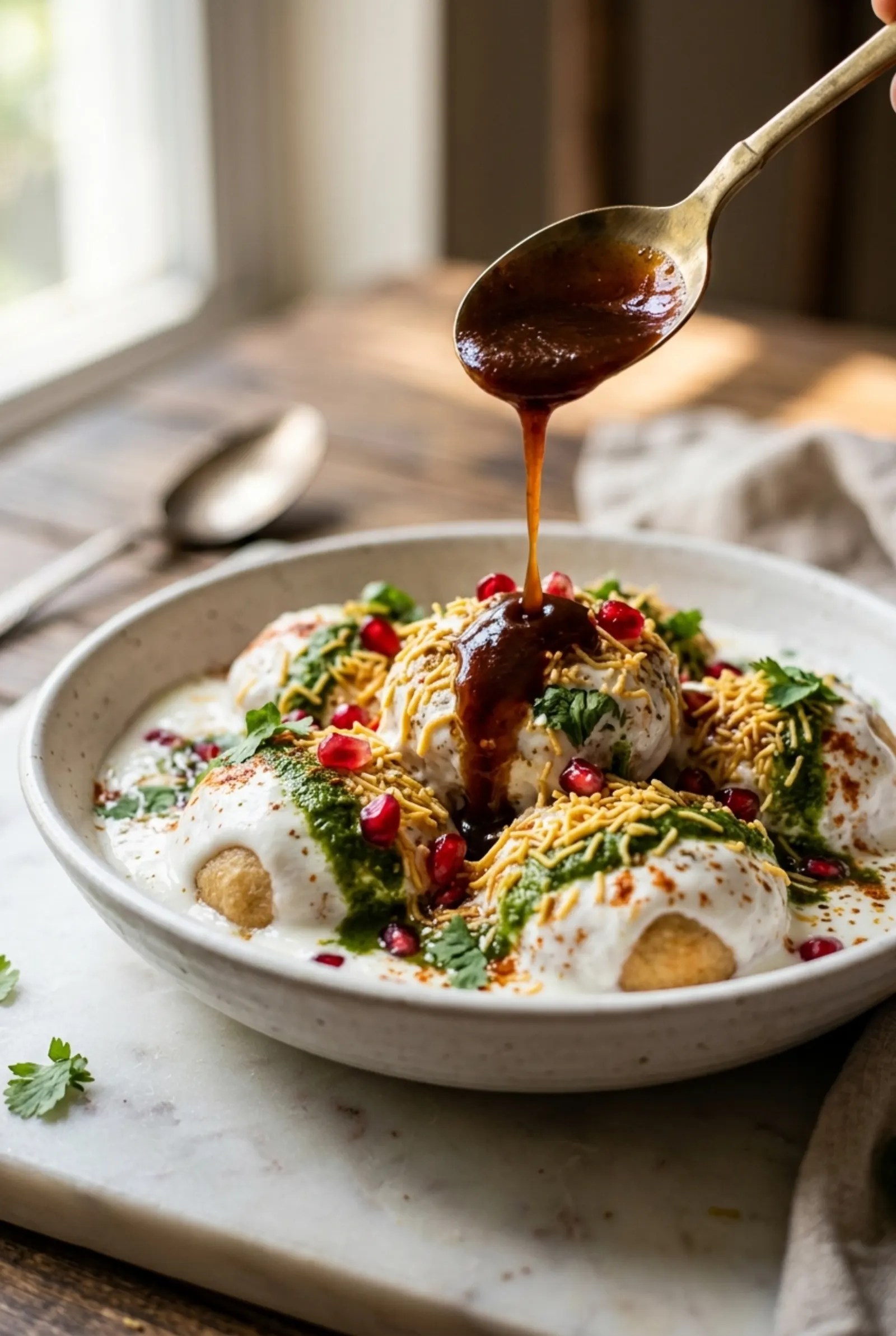Dahi bhalla in a white ceramic bowl with tamarind chutney being drizzled from a brass spoon, garnished with pomegranate seeds, golden sev, green chutney and coriander leaves