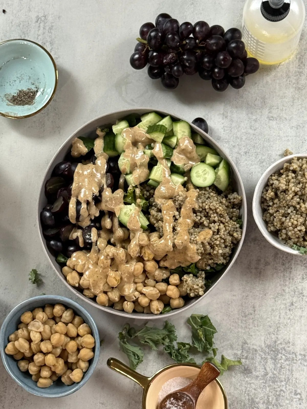 chickpeas and pearl millet bowl with creamy date dressing