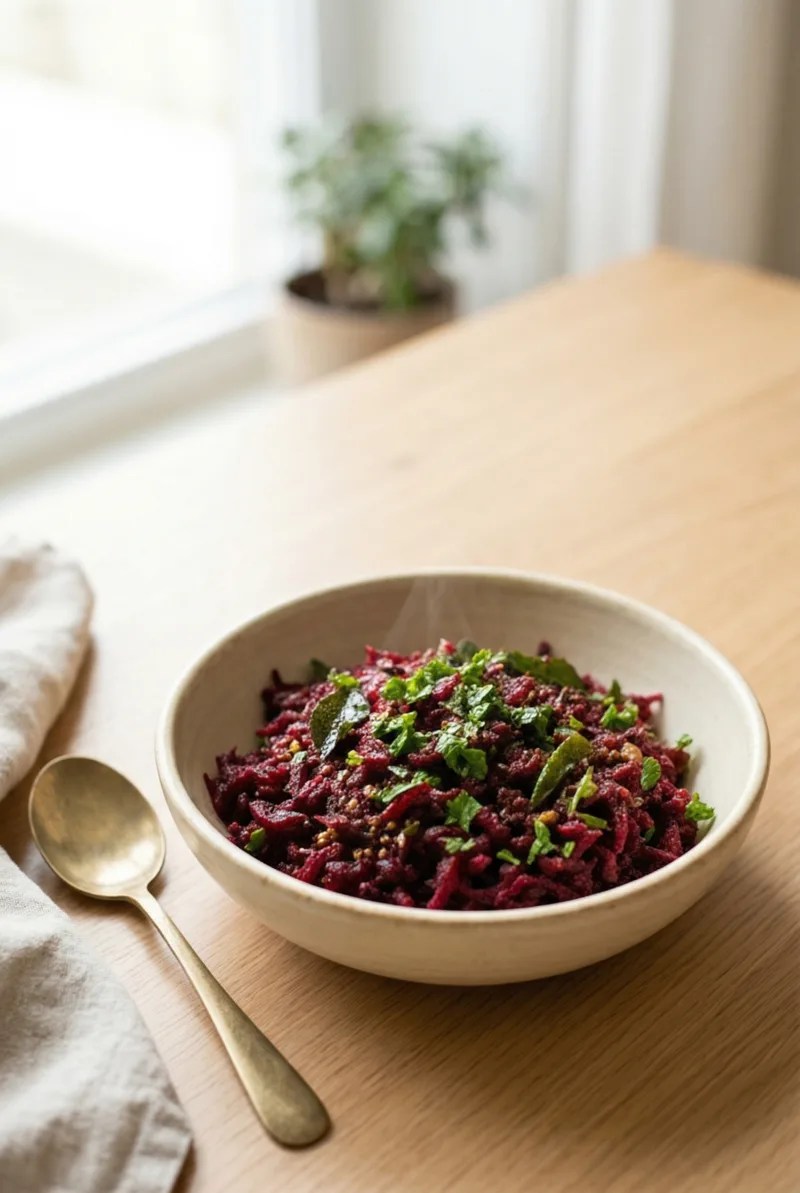 Beetroot sabzi in a ceramic bowl with coriander garnish in bright natural daylight