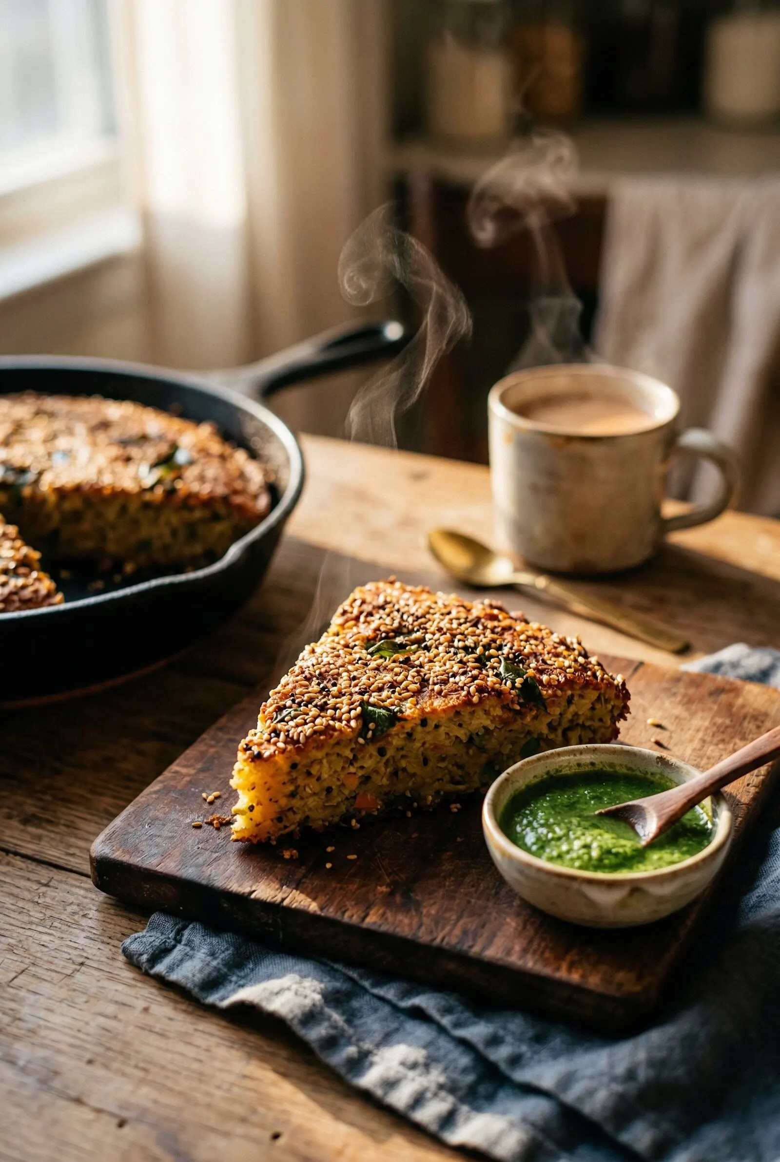 Handvo recipe hero — cinematic viral-style wedge, steam, cast iron blur, chutney, warm golden light
