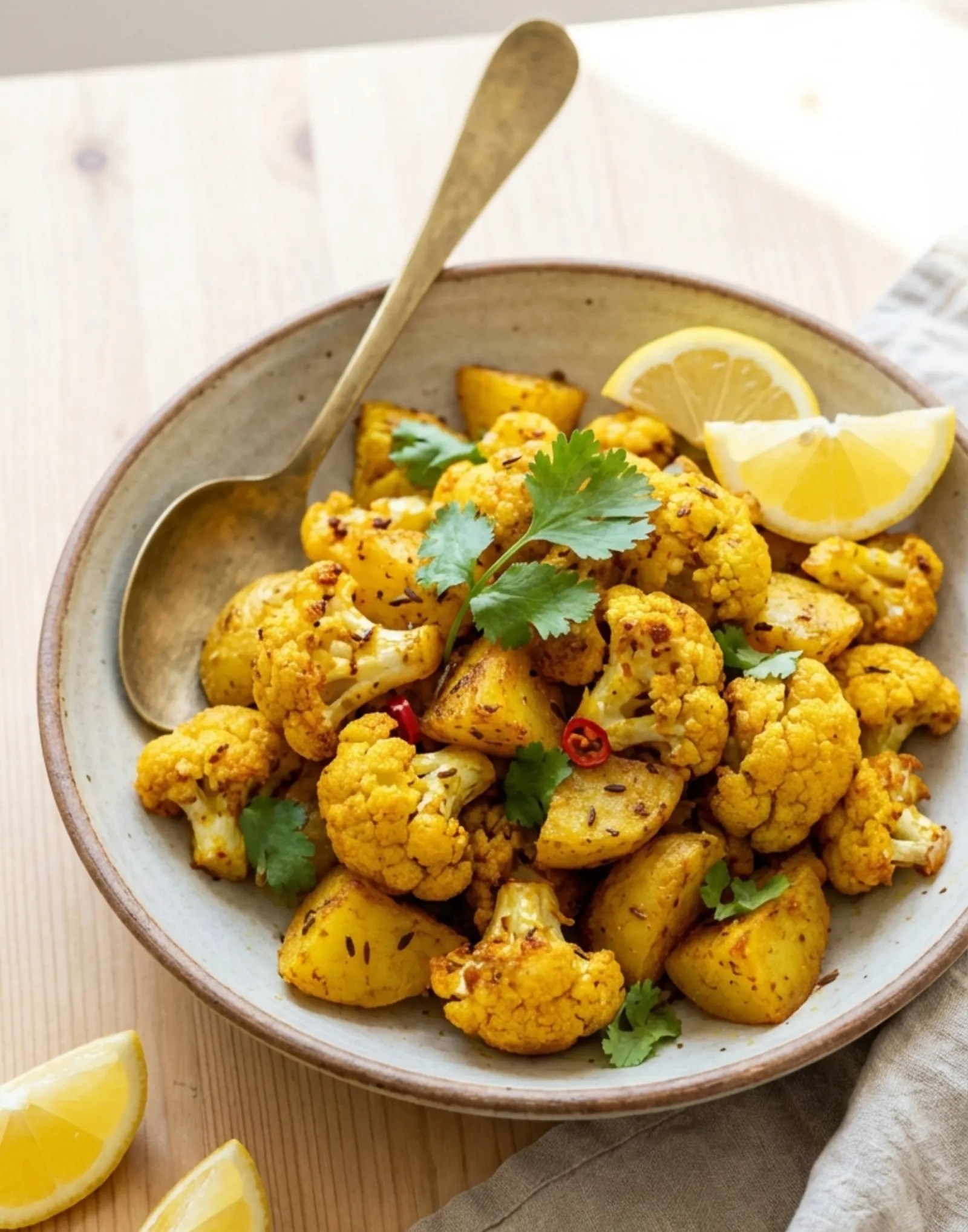 Air fryer aloo gobi on a ceramic plate with golden potato and cauliflower florets, garnished with fresh coriander