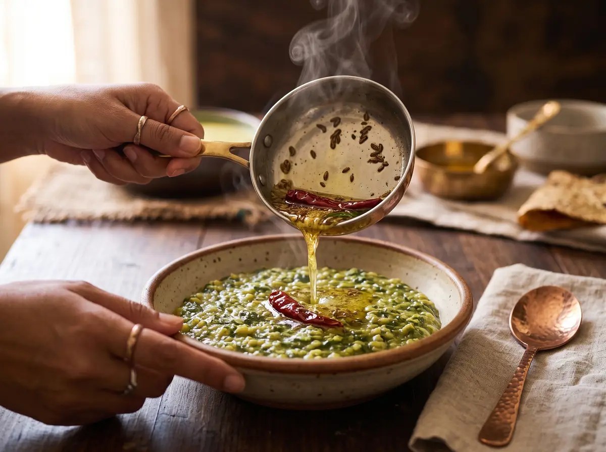 Pouring hot cumin chili tadka onto mushy spinach khichdi
