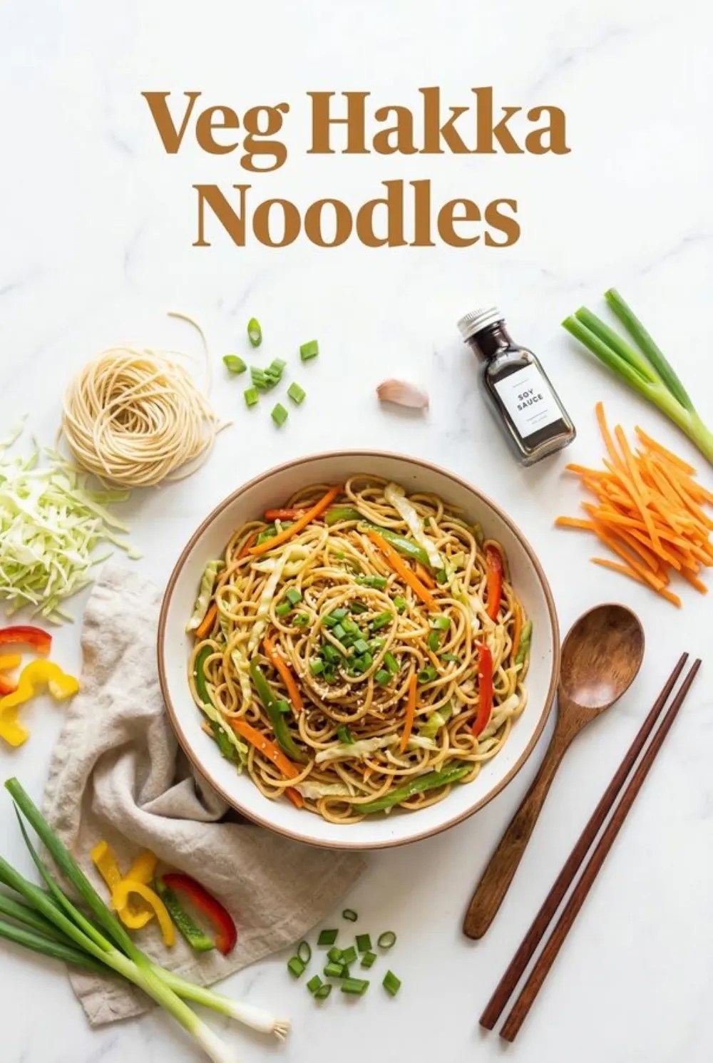 Veg Hakka Noodles Pinterest pin, overhead bowl with colorful capsicum and carrot, scattered noodles bundle, soy sauce bottle, garlic, spring onion, wooden spoon and chopsticks on white marble